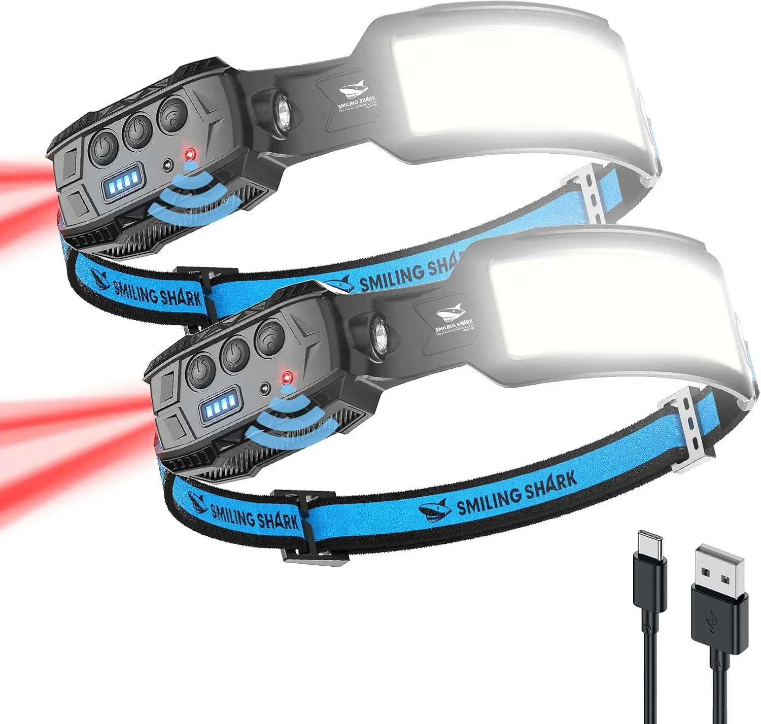Rechargeable LED Headlamp, 2 Pack with Motion Sensor, 6 Modes & Red Tail Light for Camping Fishing