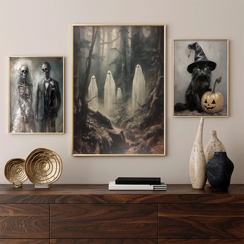 Vintage Halloween Spell Books Witch Dark Skeletons Poster and Prints Canvas Printing Wall Art Picture for Living Room Home Decor