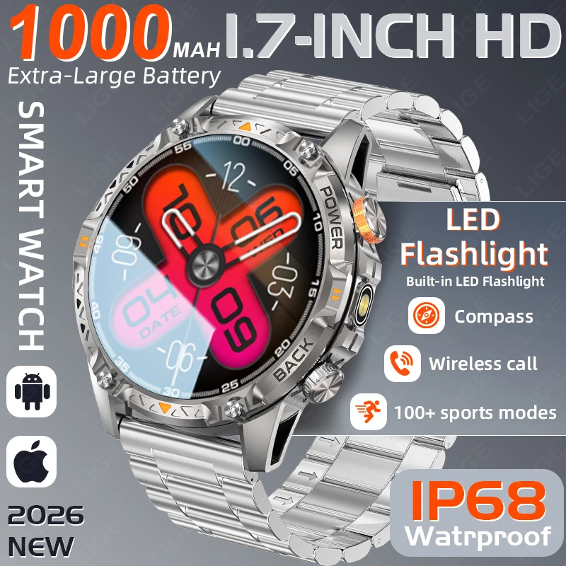

Мужские смарт-часы для активного отдыха 2026: военный стиль, 1000 мАч, фитнес-трекер, водонепроницаемые, с фонариком и Bluetooth-звонками