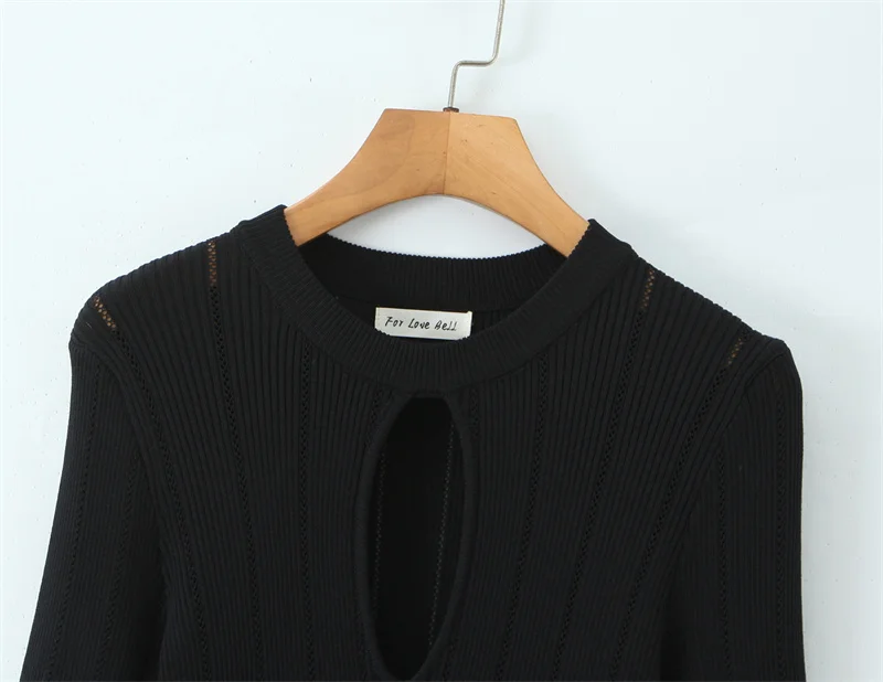 فستان نسائي خريف 2025 نمط جديد أسود متوهج كم طويل مجوف سليم صالح Bodycon محبوك فستان قصير مثير وعصري #3