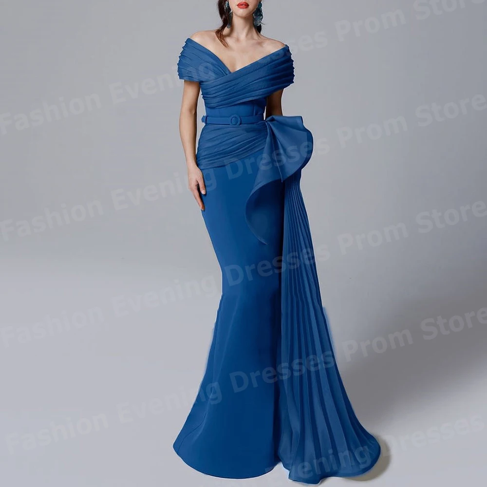 

Simple Women Mermaid Evening Dresses Off Shoulder Sleeveless Prom Gowns Customized شارون سعيد فساتين سهره Pleated فساتين سهرة