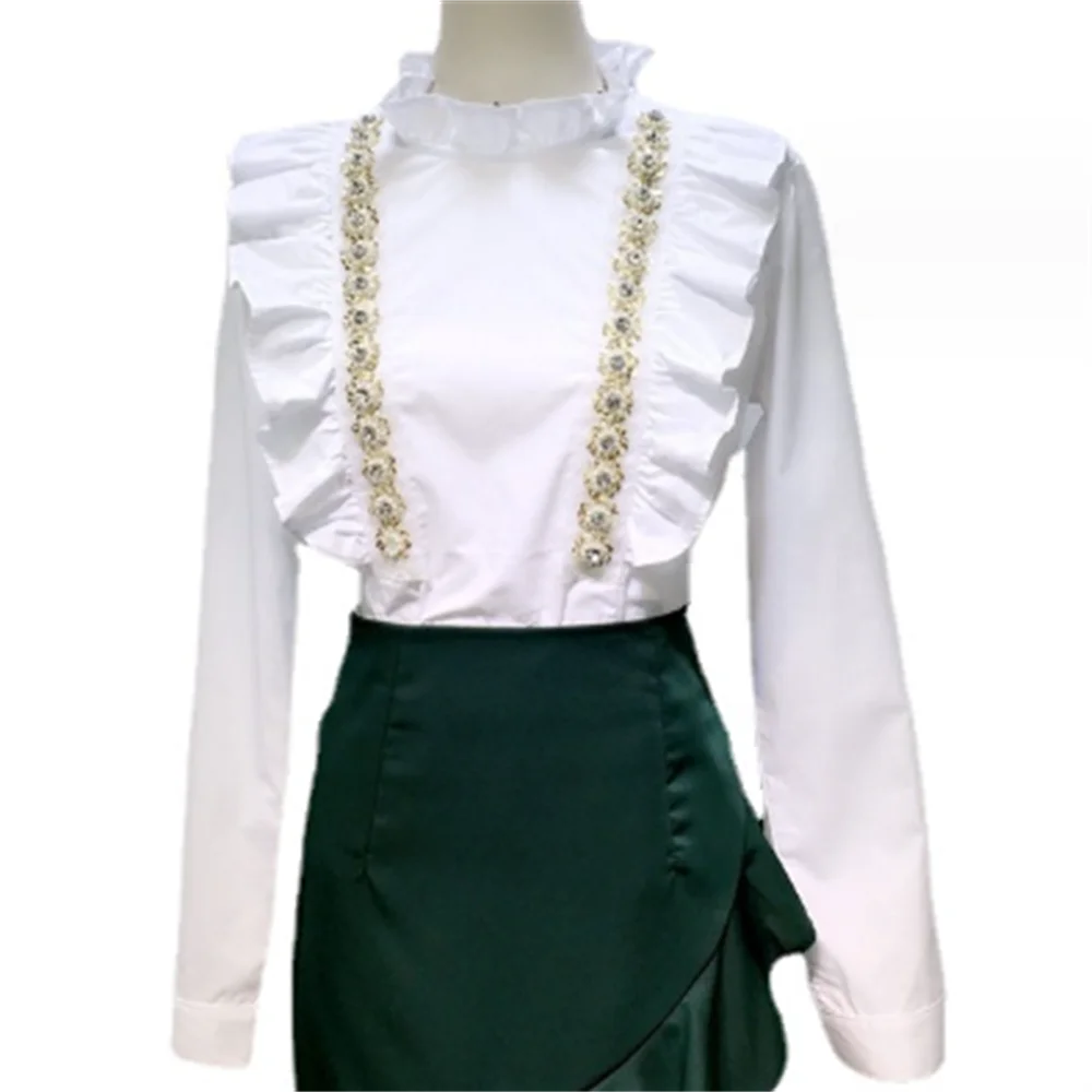 

French shirt women standing collar lotus leaf edge cotton white diamond shirt long sleeve
