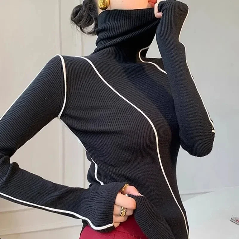 

Spring Turtleneck Solid Color Pullover Women's Clothing Sweater Knitted Casual Long Sleeve Screw Thread Comfortable Tops JJ156