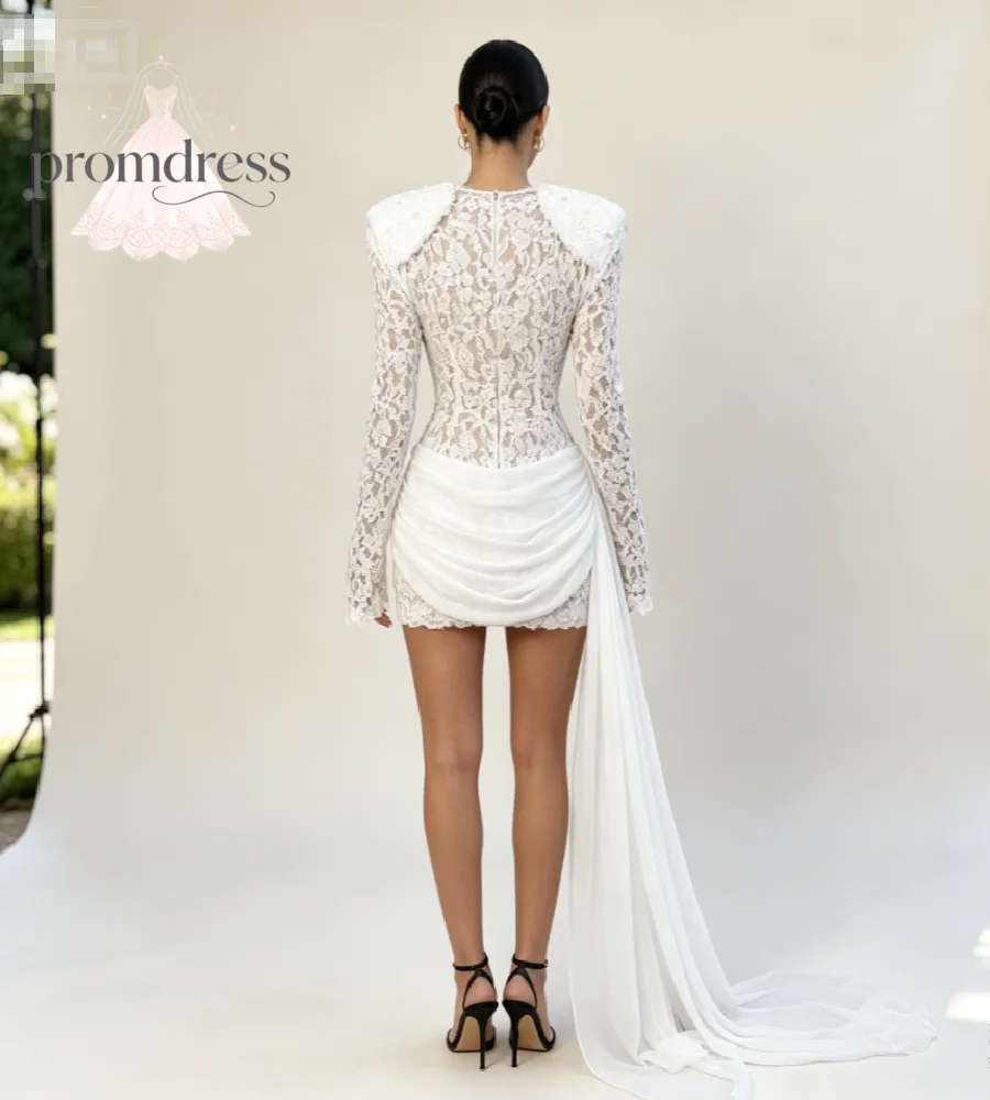 Padded Shoulder Lace Short Wedding Dress Long Sleeve Bodycon Mini Bridal Gown Draped Ruched Civil Boho Elopement Reception Party