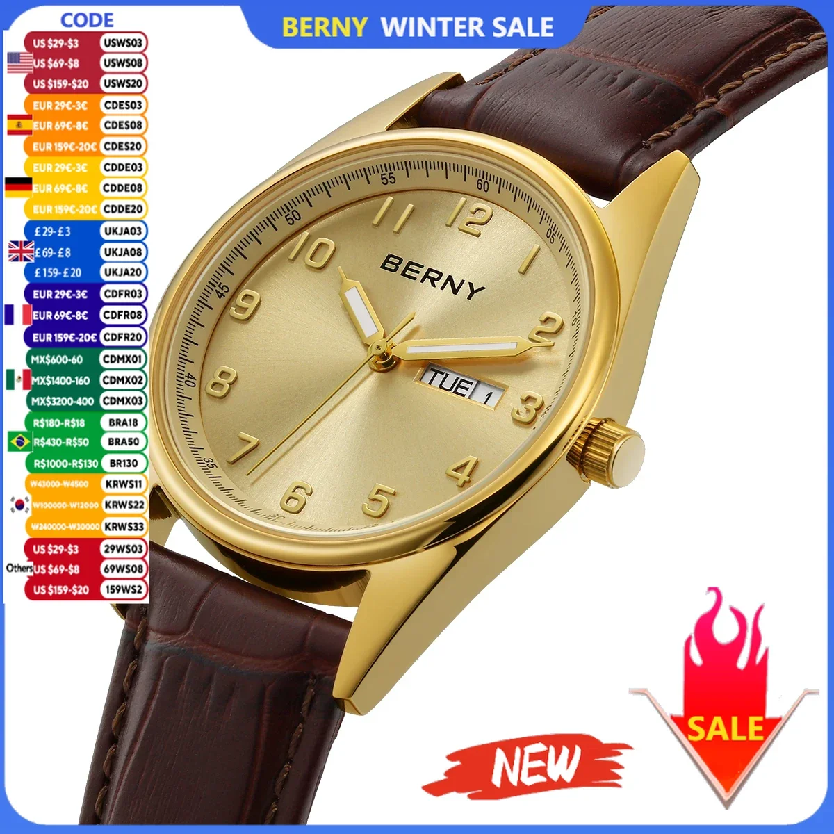 BERNY Gold Watches for Men Classic Date Week Luminous Luxury Golden Men's Dress Quartz Watch Elegant Lightweight Wristwatch