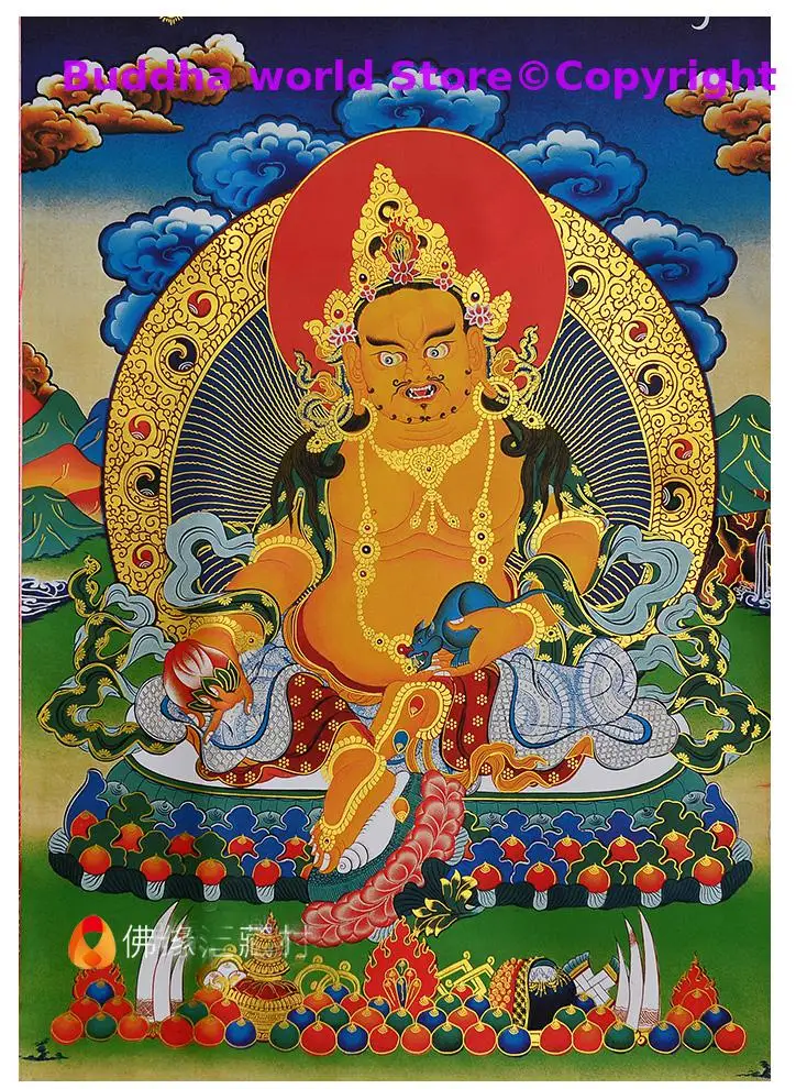 Wholesale Buddhist supplie HOME temple Efficacious talisman GOOD LUCK God of wealth Yellow Jambhala Thang-ga Thangka painting