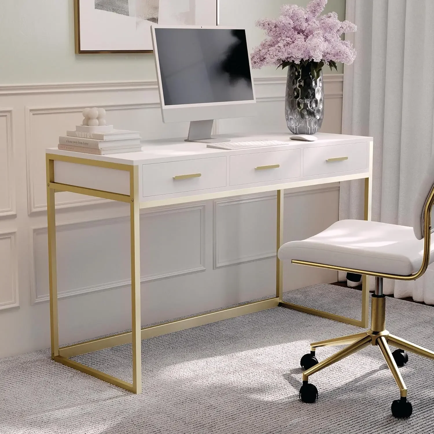 Ollie Home Office Desk with 3 Drawers in White with Polished Brass Hardware