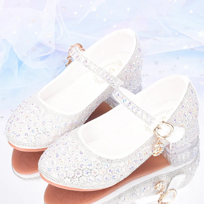 Princess Shoes Girls Crystal Shoes Children's High Heels Single Piano Performance Shoe Shows Flower Children Dress Shoe