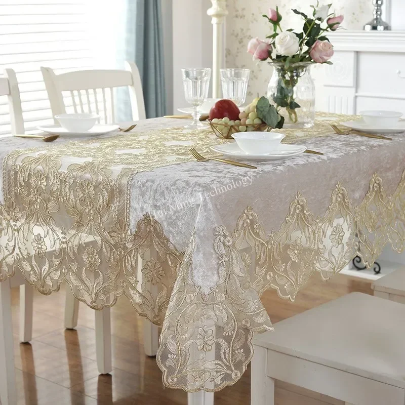 Table Cloth Gold Velvet Silver Europe Luxury Embroidered Table Dining Table Cover Rectangle TableCloths Lace Cabinet Dust Cover