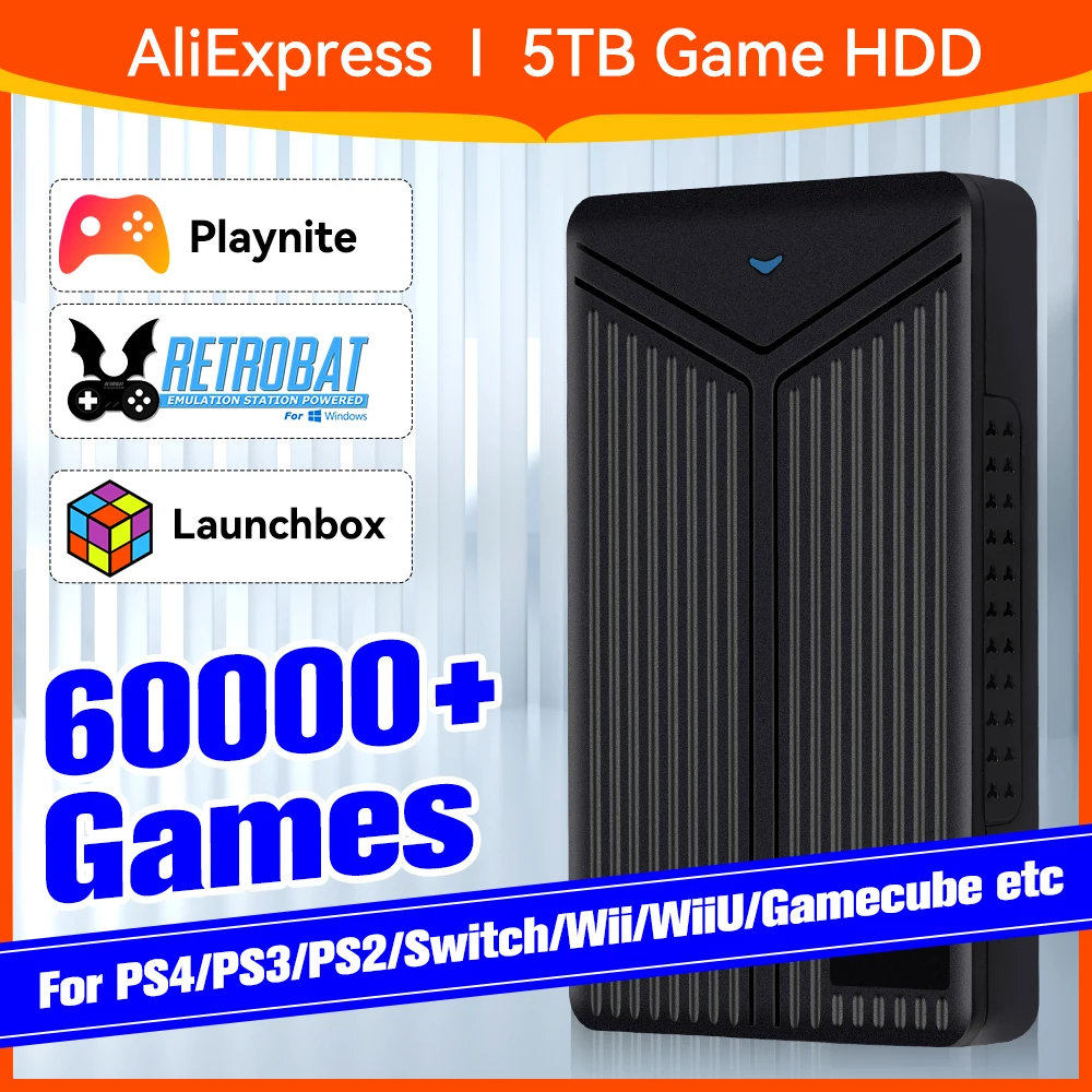 Hyper Base Mix Portable External 5T HDD Launchbox & Playnite & Retrobat with 60000+ 3D/AAA/Retro Games for PS4/PS3/PS2/Switch