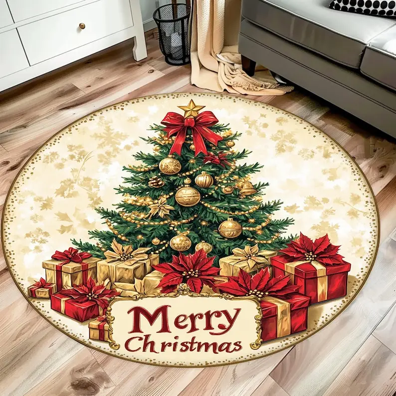 Christmas Tree Round Rug, Merry Xmas Decor Gift Mat for Living Room, Non-Slip Holiday Home Carpet with Festive Green Red Design