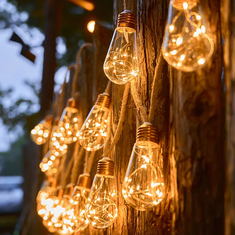Solar-powered hemp rope string LED outdoor garden waterproof copper wire bulb lights