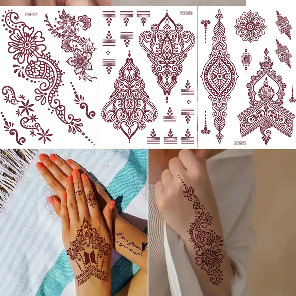 Fake Henna Tattoos for Women Brown Flower Henna Temporary Tattoo Stickers for Hand Body Festival Wedding Decor