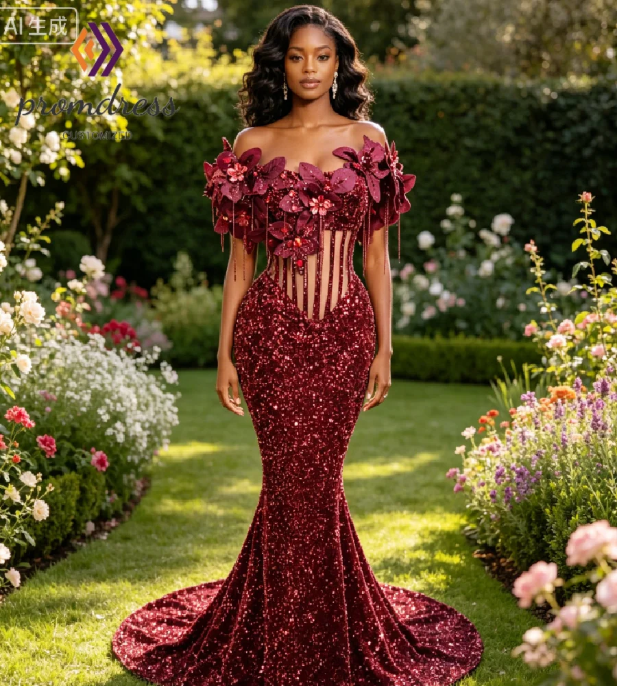 Glitter Gold Sequin Prom Dresses With 3D Florals Mermaid Plus Size Tassel Evening Dress Aso Ebi Formal Beaded Birhday Evening - view 4