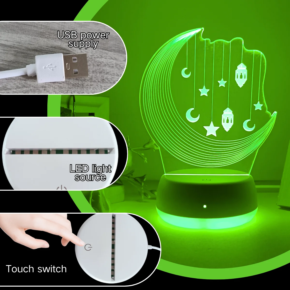 1pc Beautiful Creative Moon Exquisite 3D Night Light, Touch Switch Seven Color Conversion, USB Power Supply, Decorative Light.