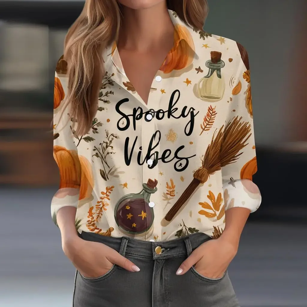 

Женская рубашка с длинным рукавом с 3D черепом и принтом тыквы на Хэллоуин, модная свободная повседневная рубашка для вечеринки на Хэллоуин, весенне-осенние топы, блузки