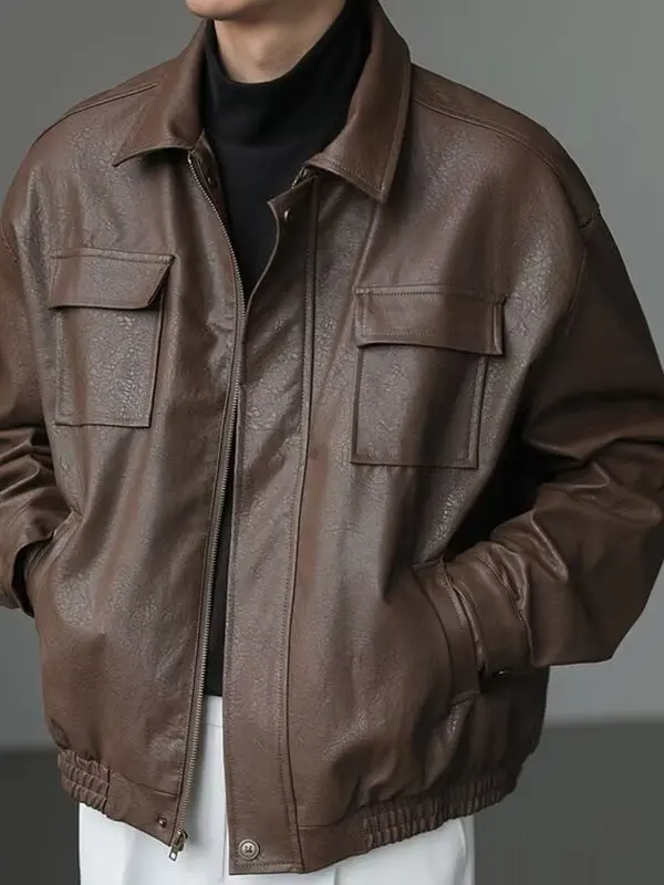 

Retro Japanese Sle Motorcycle Jaet Men's Loose Fit Zipper PU Leather Coat Neutral Workwear Casual Faion Autumn Spring