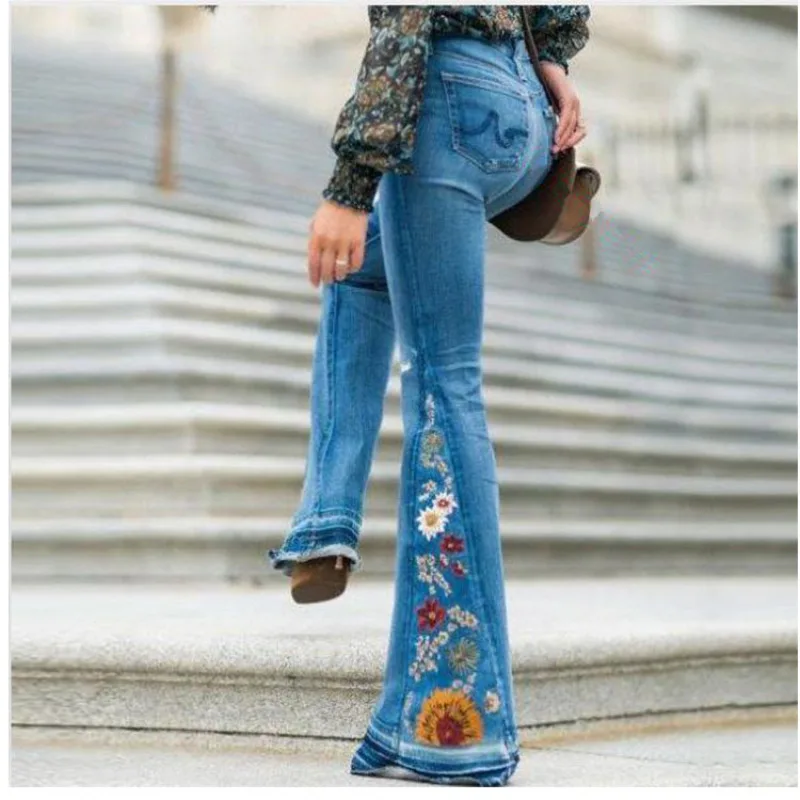 Women's New Denim Wide-legged Pants Embroidered Embroidery Denim Flare Pants Factory Direct Delivery