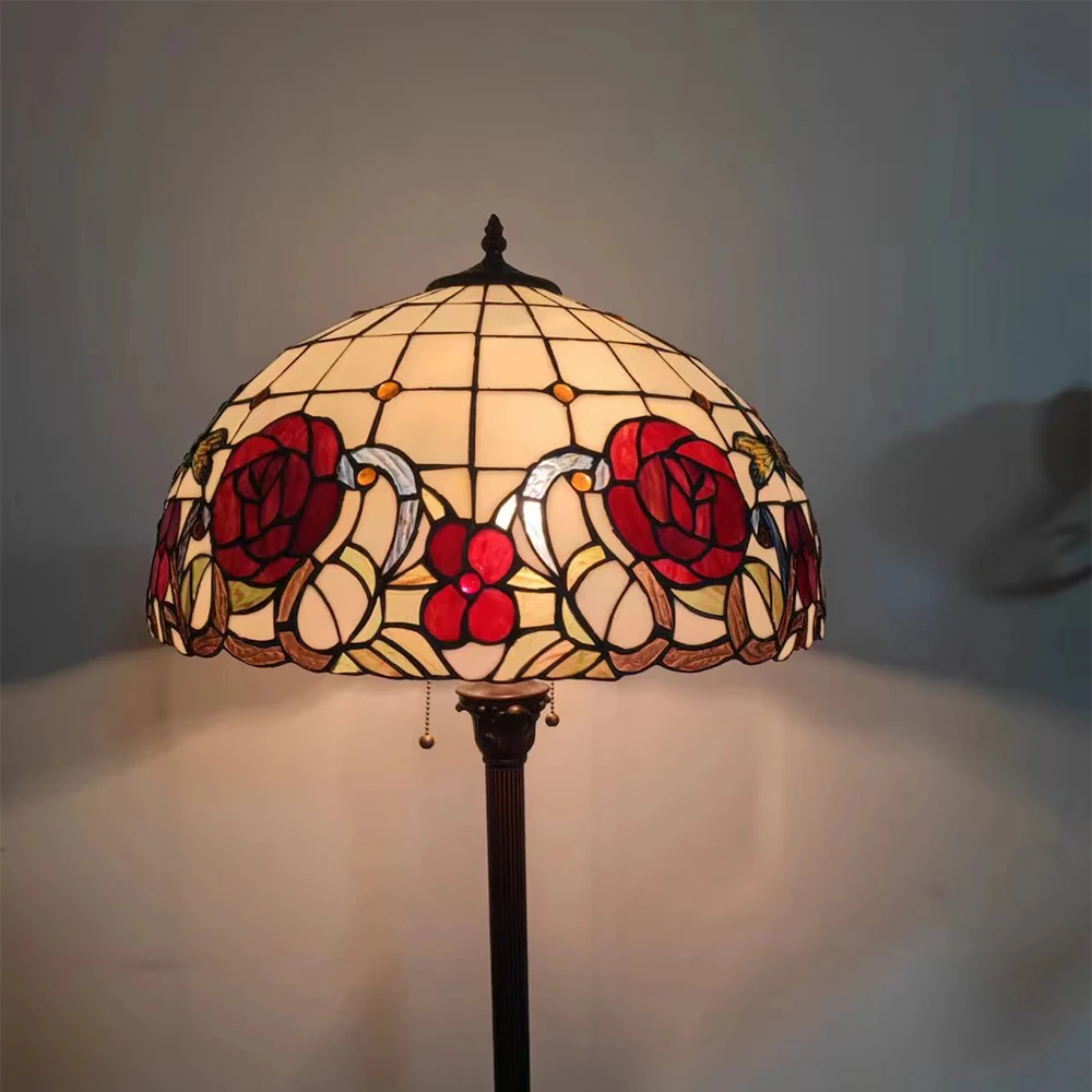 Lampada da terra Tiffany da 16 pollici LongHuiJing con paralume in vetro colorato con motivo a rosa