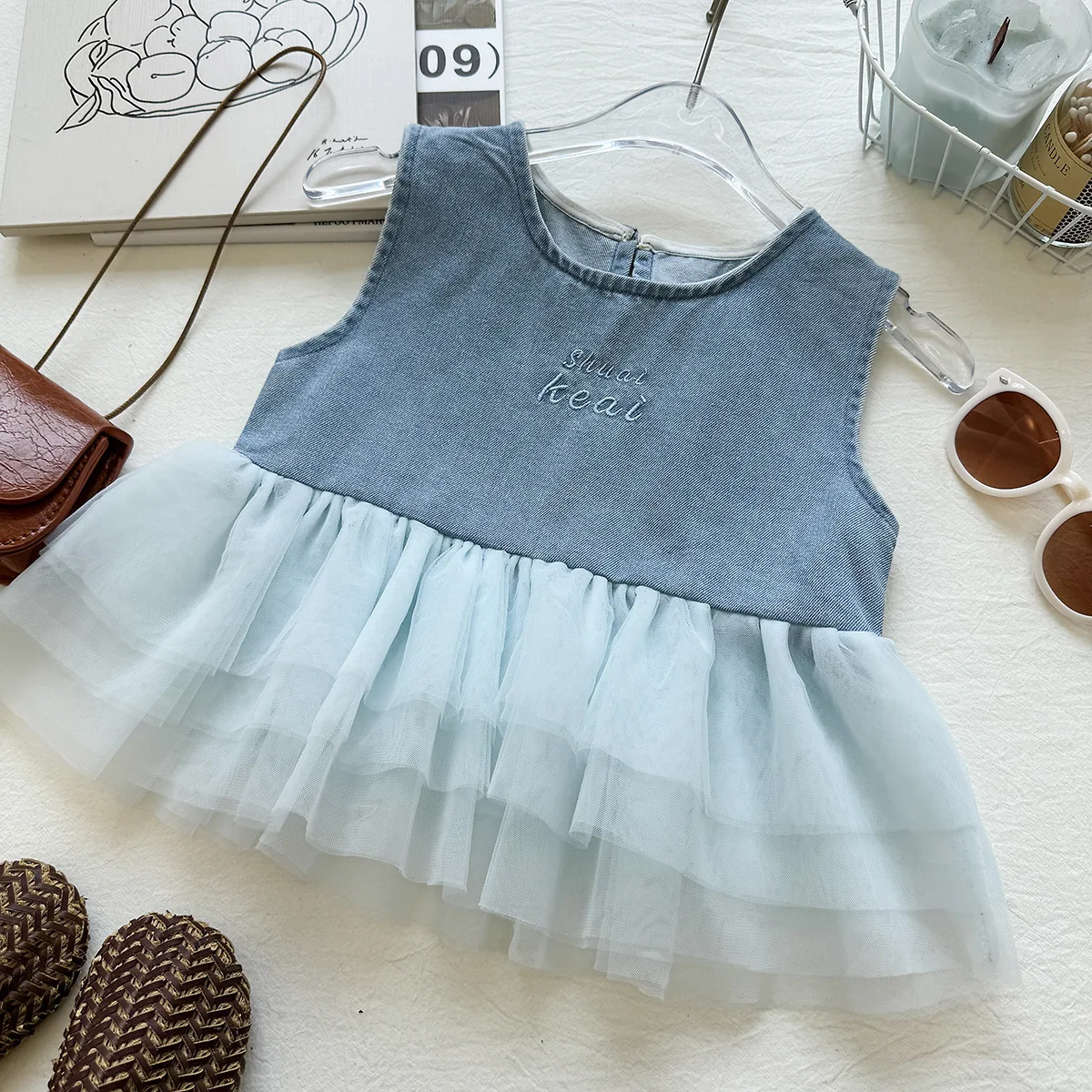 2026 Summer Girls' Set Mesh Splicing Cowboy Tank Top Wide Leg Pants Baby Wash Soft Cowboy Two Piece Set
