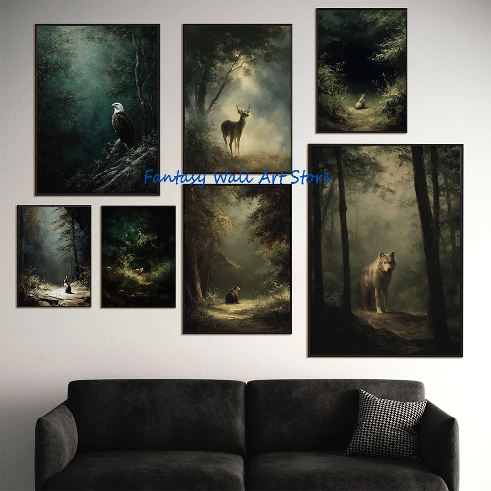 Dark Moody Misty Forest Wild Animals Vintage Painting Art Misty Woodland Moody Poster Canvas Painting Wall Pictures Home Decor