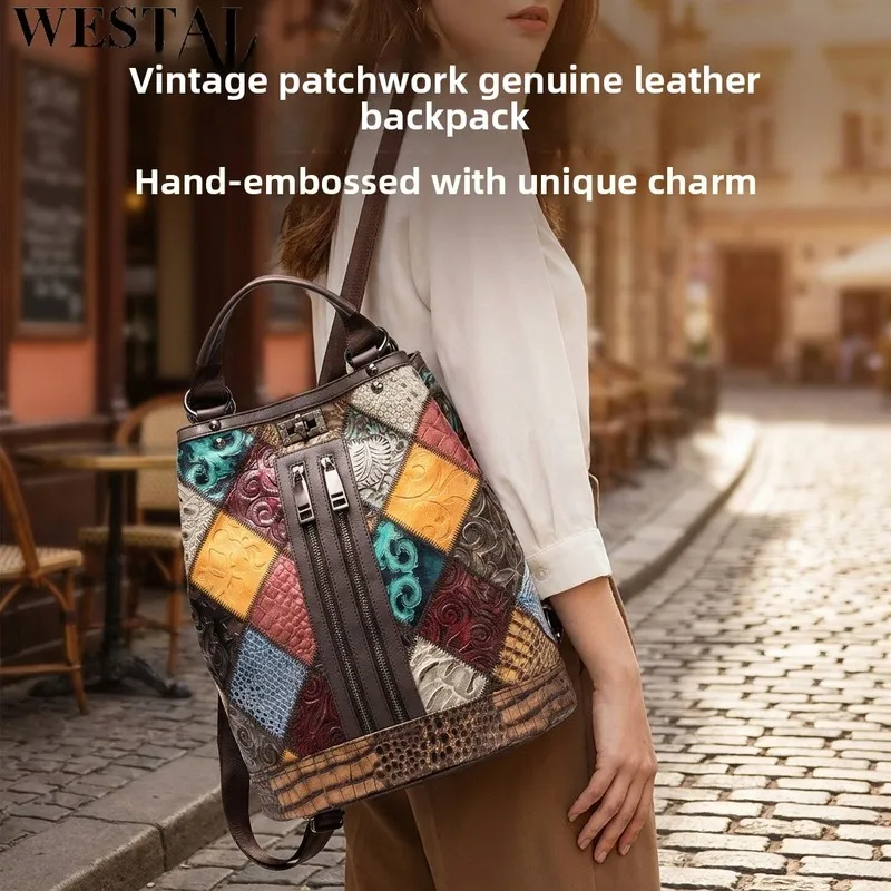 National Guofeng Lady's Leather Double Shoulder Bag, Cowhide Bucket Bag, Away Travel Double Shoulder Backpack