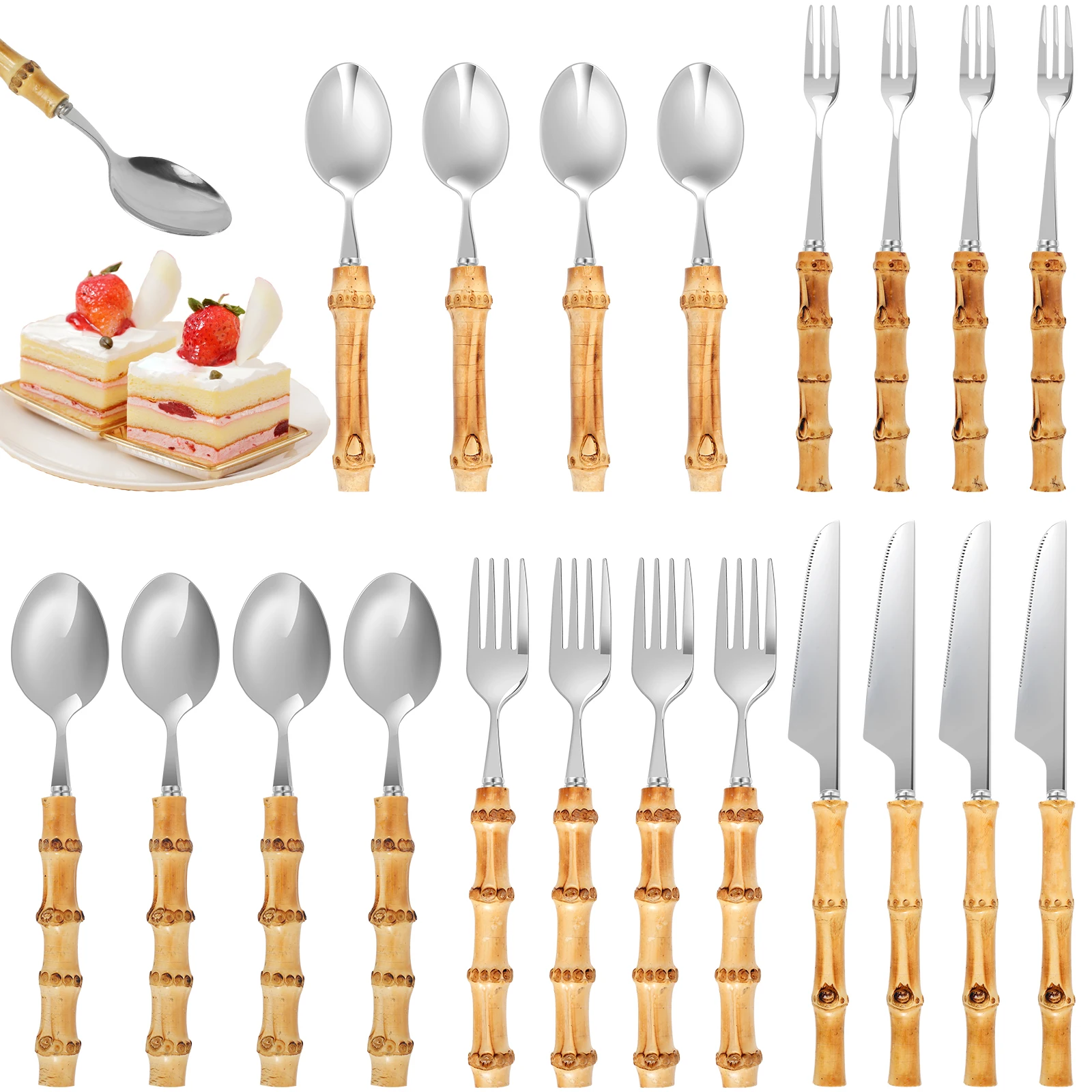 

20Pcs Bamboo Silverware Set Stainless Steel Spoon Fork and Cutter Set Bamboo Handle Kitchen Utensil Flatware Set Dessert Forks