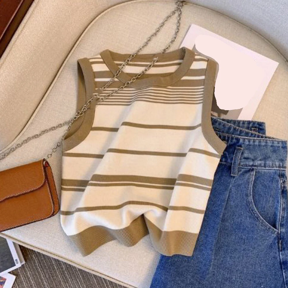 Tops recortados a rayas para mujer, Tops informales de estilo básico, traje diario, tela microelástica, Top informal básico sin mangas, Top recortado