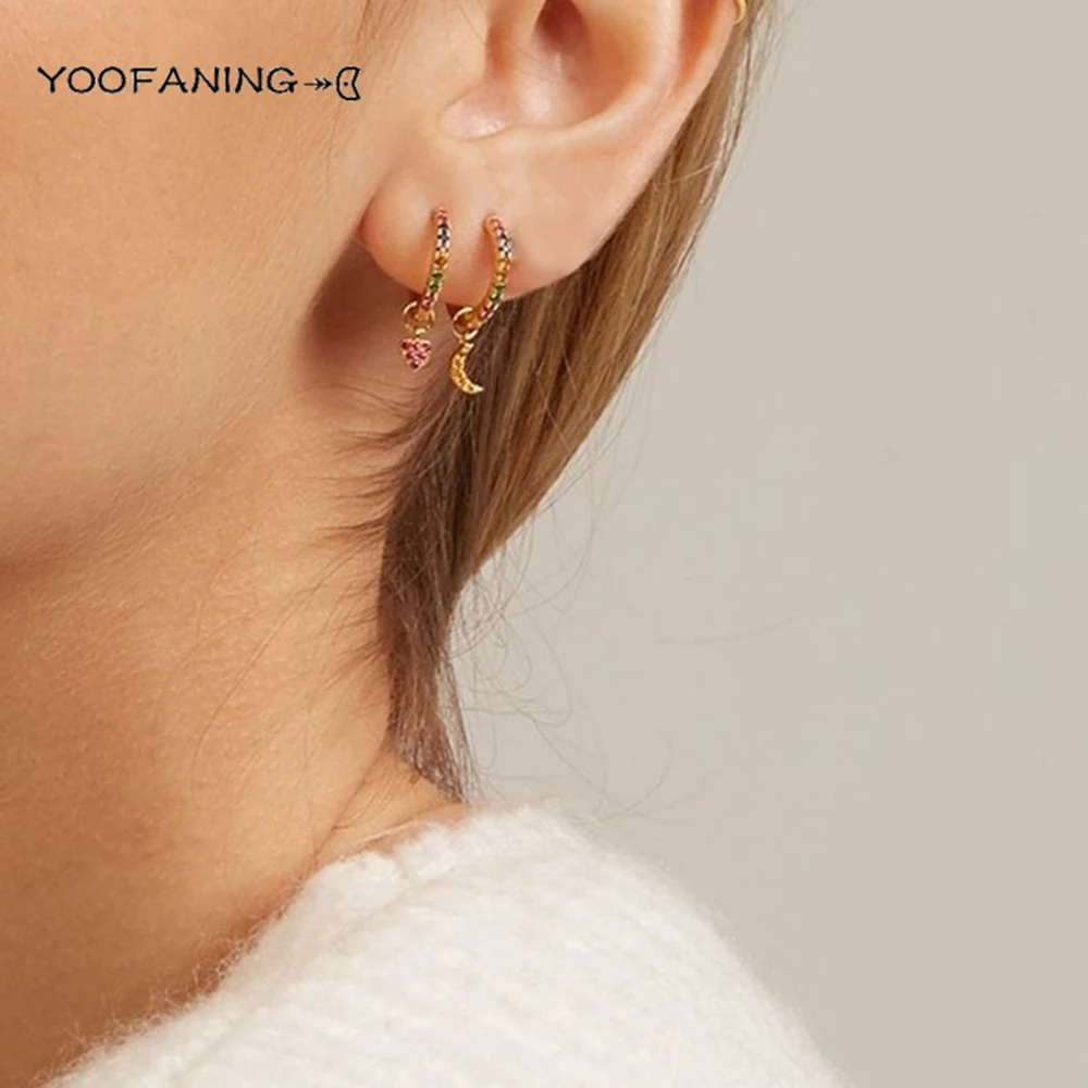 Aguja de oreja de Plata de Ley 925, formas circulares, exquisitas estrellas de circón multicolor/luna/diseño, pendientes para mujer, regalos de joyería