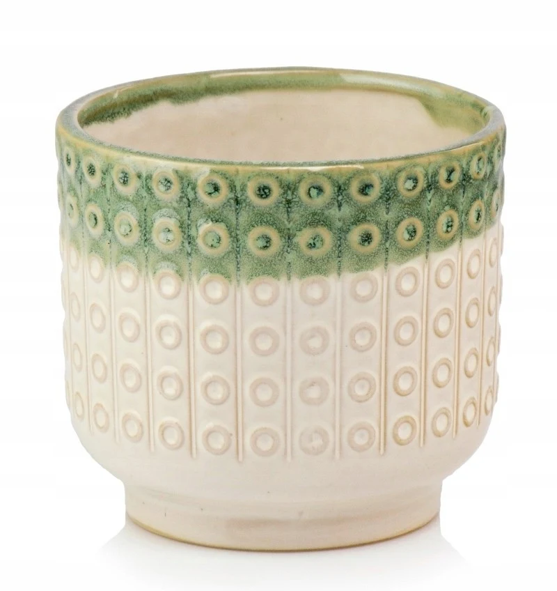 Keramische Bloempot Rond Vintage Beige Groen 14cm