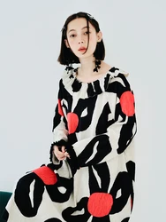 Imakokoni Original Design Round Neck Pullover Long Sleeve Dress Floral Print Pleated Fall Winter Casual Dress For Women's 223895