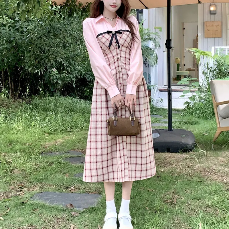 

Fake Two Pieces Plaid Midi Dress Spring Autumn New Patchwork Female Clothing Stylish Sweet Bow Aura Elegant Waist A-Line Dresses