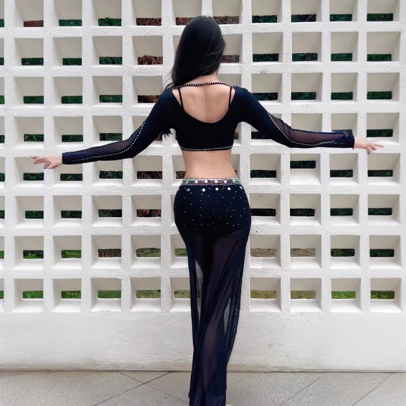 ที่กําหนดเองเครื่องแต่งกายBellydanceหรูหราลึกV-ตาข่ายเจาะร้อนแยกอุตสาหกรรมหนักกางเกงOriental Dance Performance Dress