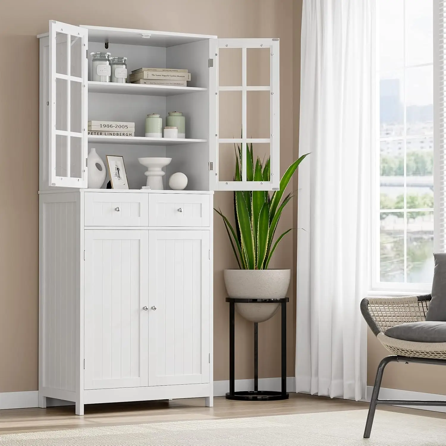 Tall Pantry Cabinet with 6 Shelves, 2 Drawers, Storage Cabinet with 4 Doors, for Dining Room