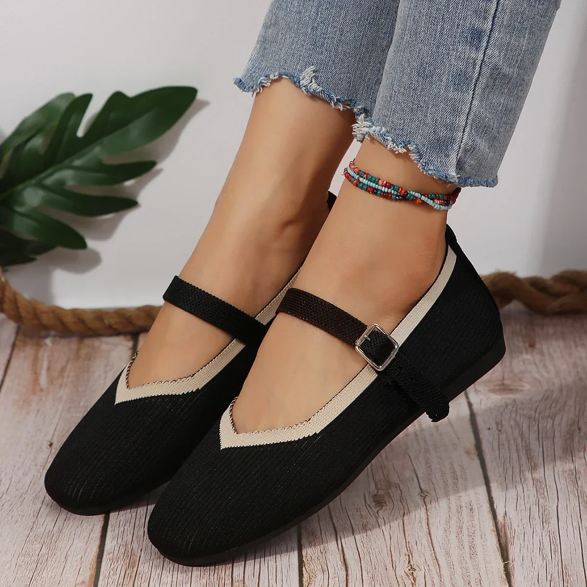 2024 Women\'s Shoes Loafers Ballet Flats Square Toe Barefoot Buckle Strap Casual Low Heel Luxury Brand Woman Shoe New Brown Blue