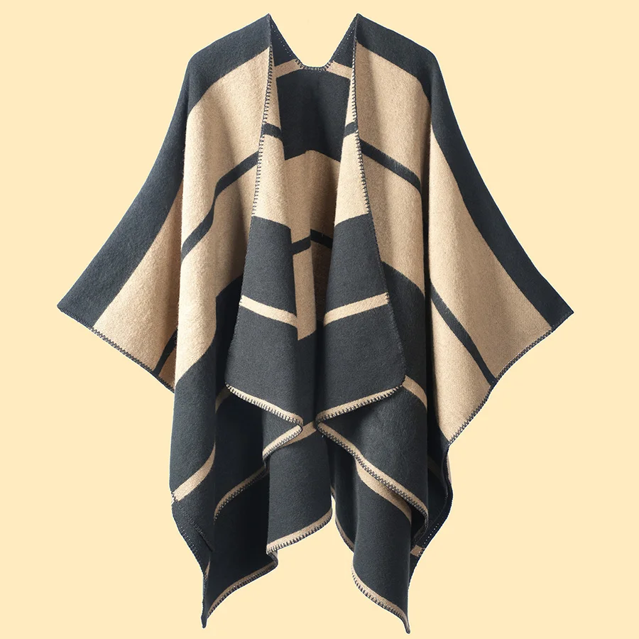

Fashion Color Blocks Big Stripes Faux Cashmere Cape Long Poncho Coat Unisex Spring Autumn Warm Wraps Cloak Winter Thick Shawl
