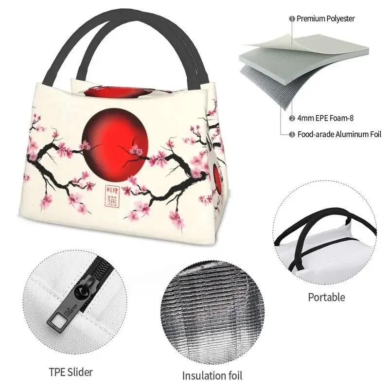 Japan Sakura Cherry Blossoms With A Red Rising Sun Insulated Lunch Bags Flower Cooler Thermal Lunch Box Beach Camping Travel