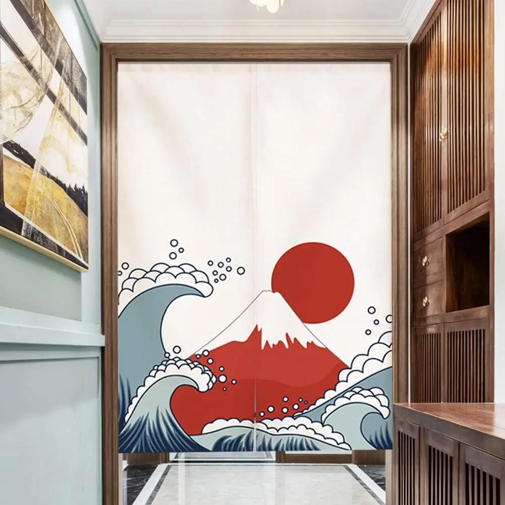 Japanese Mount Fuji & Wave Noren Curtain, Red Fuji with Rising Sun & Sea Wave Print, Japanese Door Curtain for Sushi Bar Izakaya