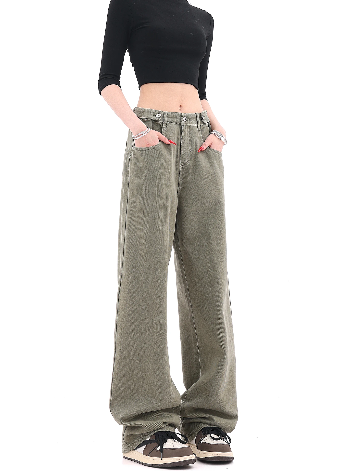 

Женские широкие джинсы в стиле ретро, ​​военно-зеленого цвета, с регулируемой талией, свободные, прямые, длиной до пола, KEN STUDIO Denim