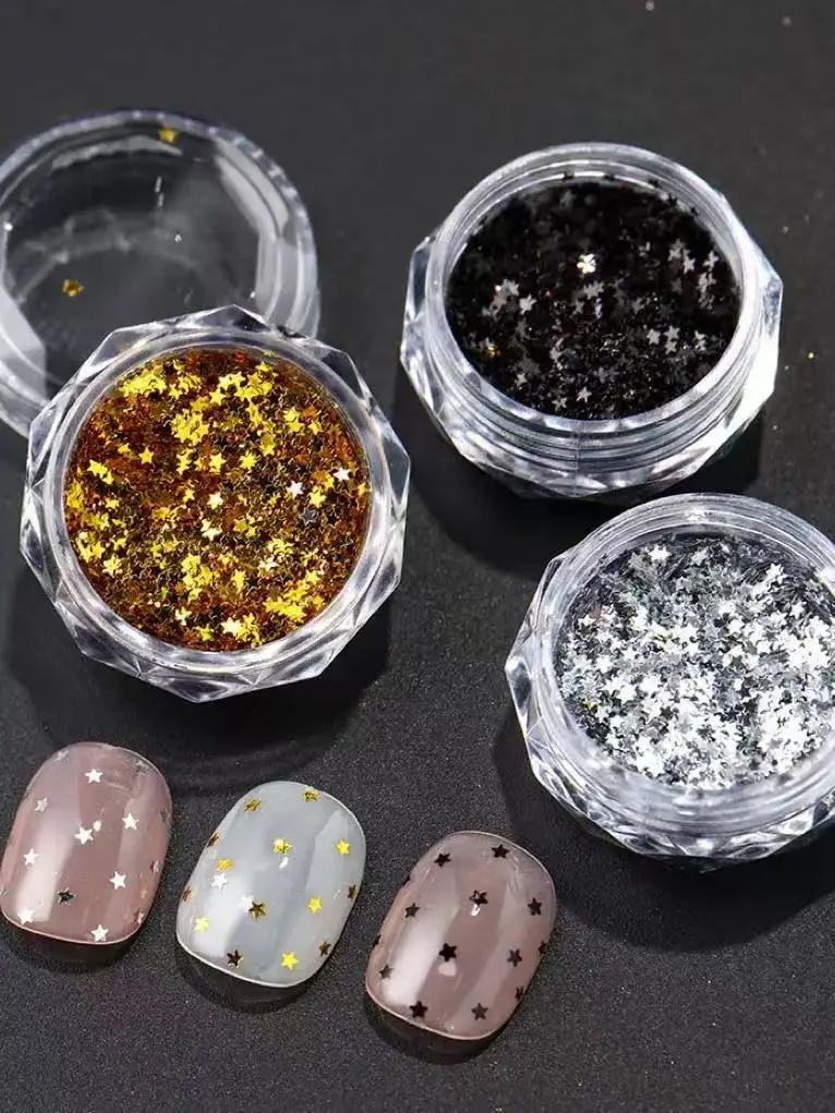 3pc Y2K Tiny Star Glitter Nail Flake Golden Silvery Black Small Pentagram Nail Seqiuns Kawaii Korean DIY Manicure Accessories image 2