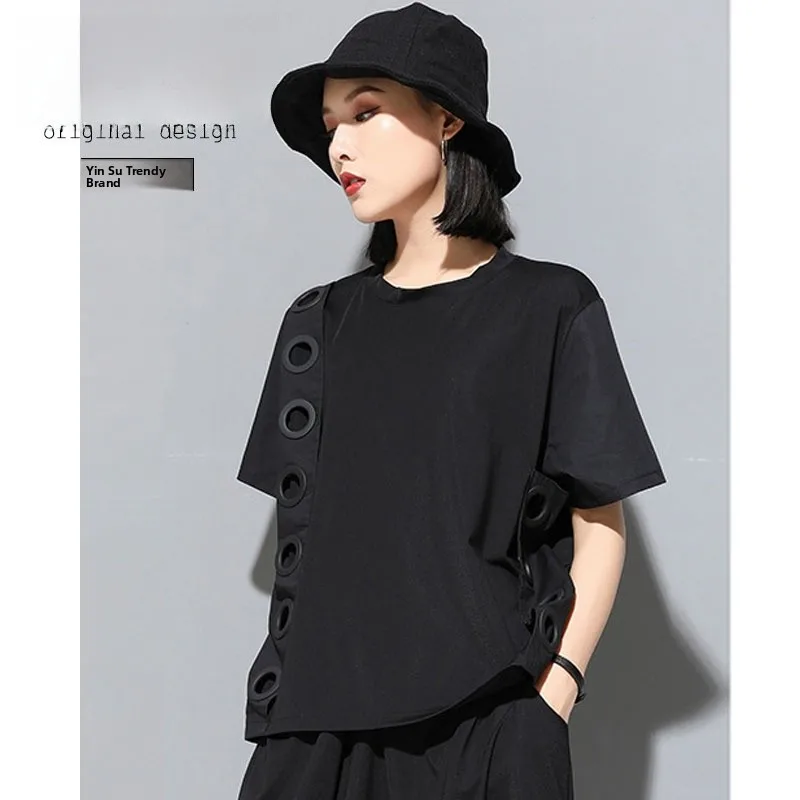 

Street Style Loose Fit Cotton Short Sleeve T-Shirt Women's Casual Basic Color Block High Waist Knitted Anti-Wrinkle T-Shirt