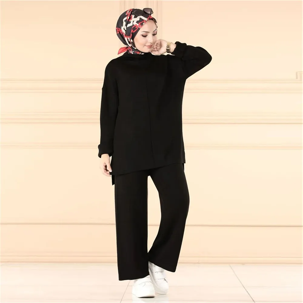 2 Pieces Muslim Suits Women Set Islamic Abayas Sweater Tops Pants Knit Casual Islamic Clothes Turkey Middle East Dubai Fashion