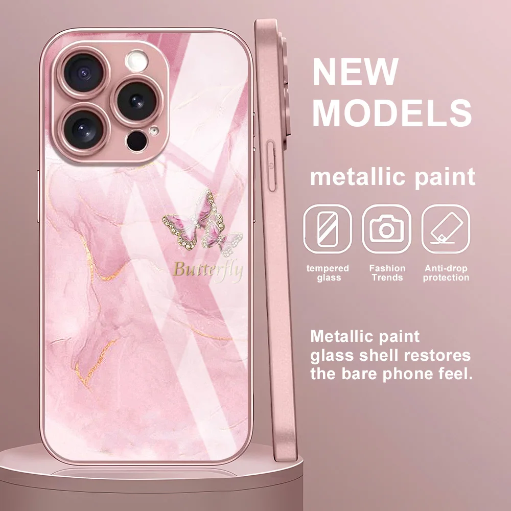 Coque de téléphone papillon à motif de marbre, étui en verre trempé pour iPhone 17 11 15 13 16 12 14 Pro Max 17 Air 16E SE 2022 7 8 Plus XR