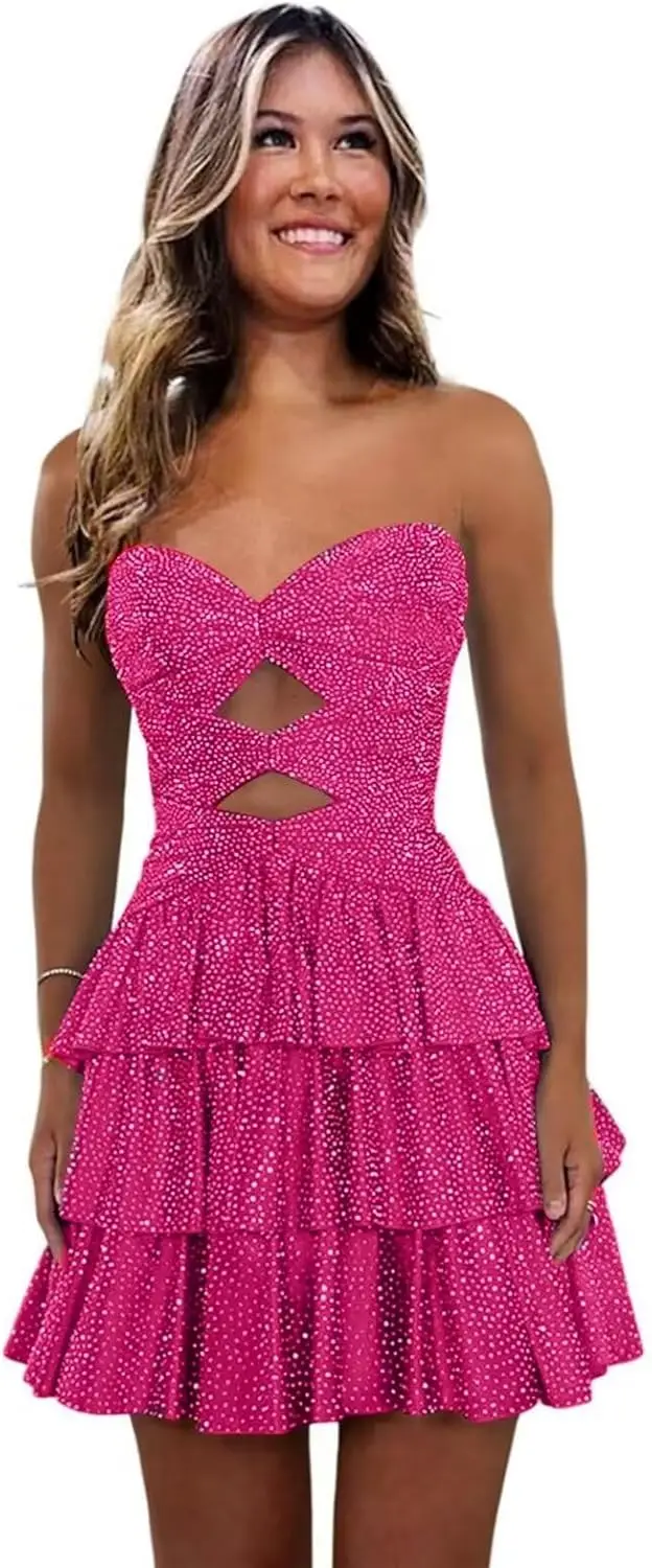 

Блестящее платье для выпускного вечера без бретелек с блестками и бисером, мини-ярусное короткое коктейльное платье с вырезом для молодых женщин, 2025 год, выше колена