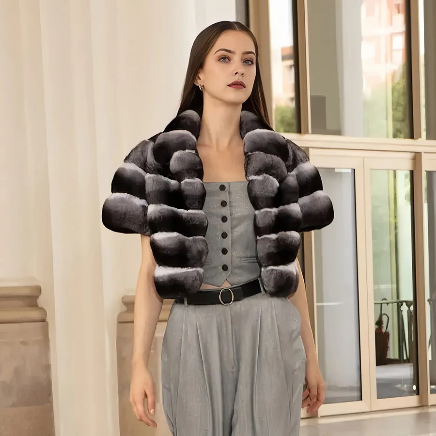 

Chinchilla Fur Jacket Short Sleeves Real Rex Rabbit Fur Coat With Collar Women's Winter Jacket Fashion Luxury Leather Jackets