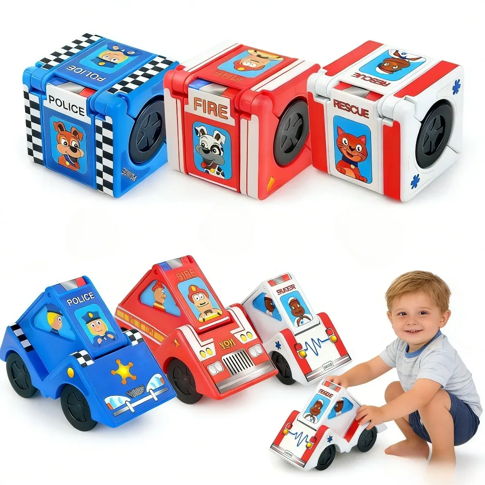 

Transforming Car Toys Cube Activity Toy Educational Cartoon Building Block Toy Car for Toddlers Basket Stuffers Birthday Gift