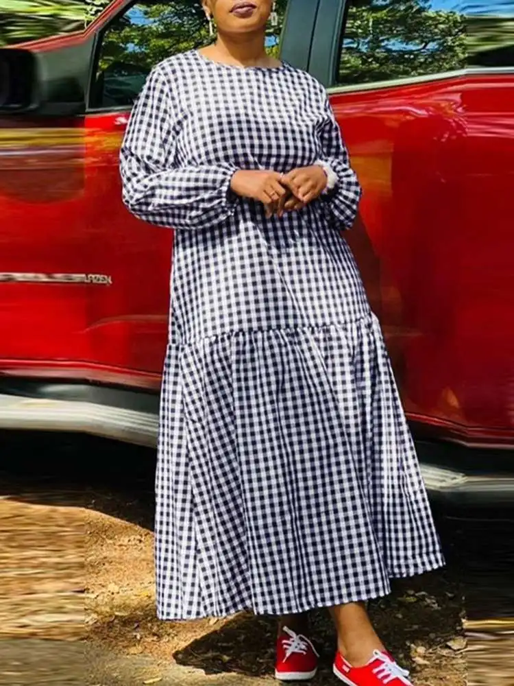 VONDA Plus Size 5XL Bohemian Plaid Maxi Sundress Women O-Neck Long Sleeve Ruffled Long Dress Elegant Casual Vintage Vestidos