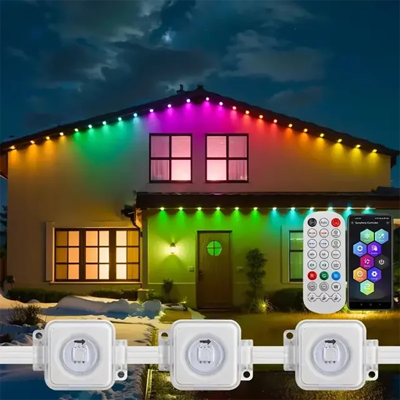 Imagem -05 - Rgb Beirais Luzes Led Permanente Luzes ao ar Livre Corda App Bluetooth Permanente Luzes do Feriado Casa Completa Festa de Casamento Luz 30m