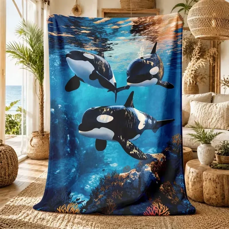 Underwater Orca Killer Whale Print Throw Blanket Blue Seabed Coral Scene Soft Warm Ocean Animal Home Decor Blanket All Season