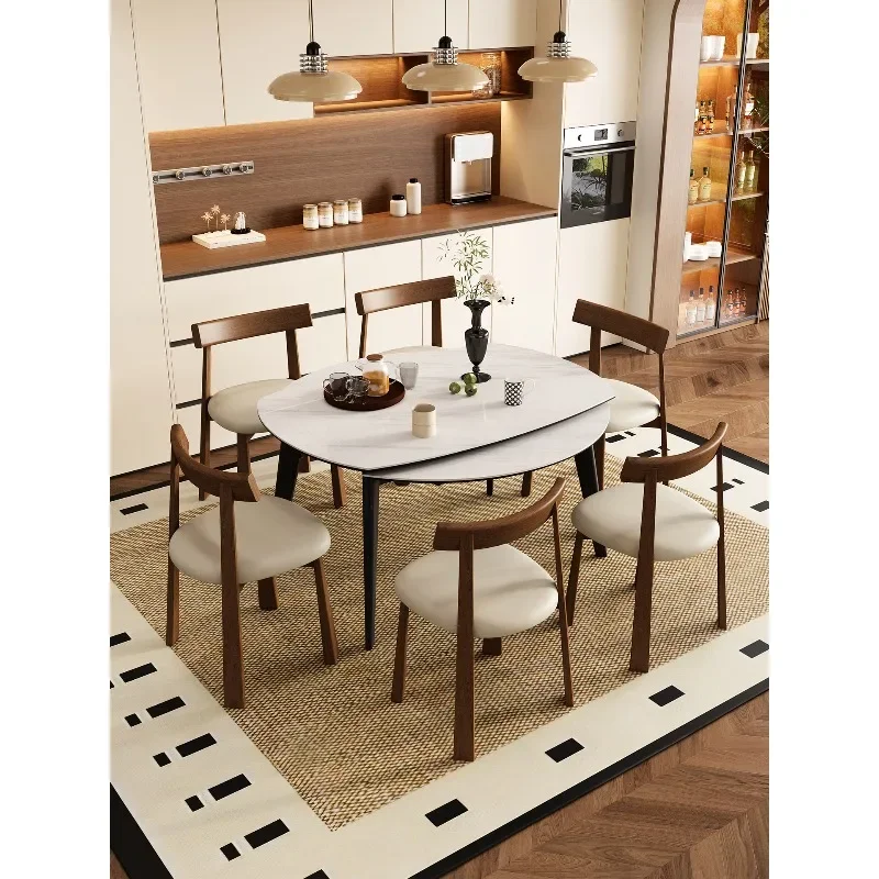 Retractable dining table Round folding light luxury high-grade square full support solid wood rock slab dining table